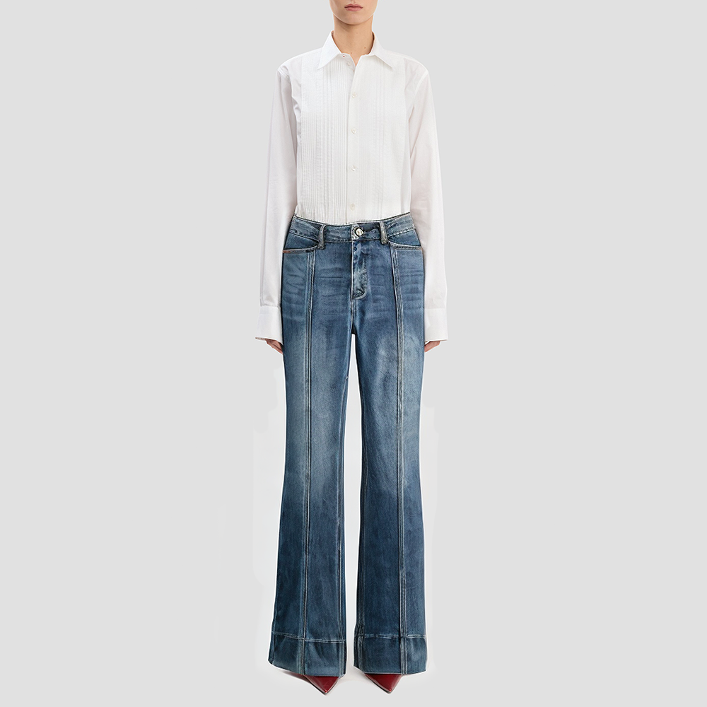 Denim blue mid-waist wide-leg casual trousers