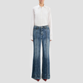 Denim blue mid-waist wide-leg casual trousers