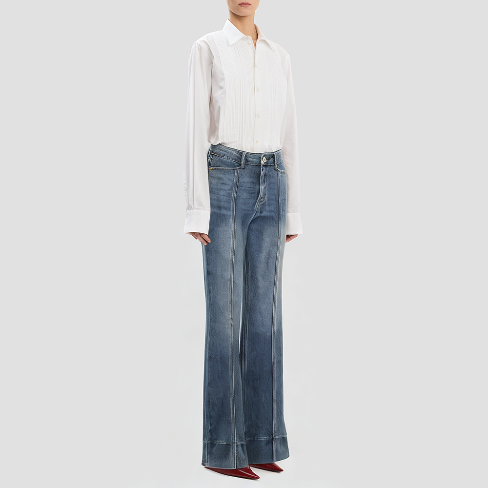 Denim blue mid-waist wide-leg casual trousers