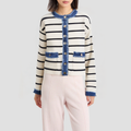 Denim patchwork crew neck knitted cardigan