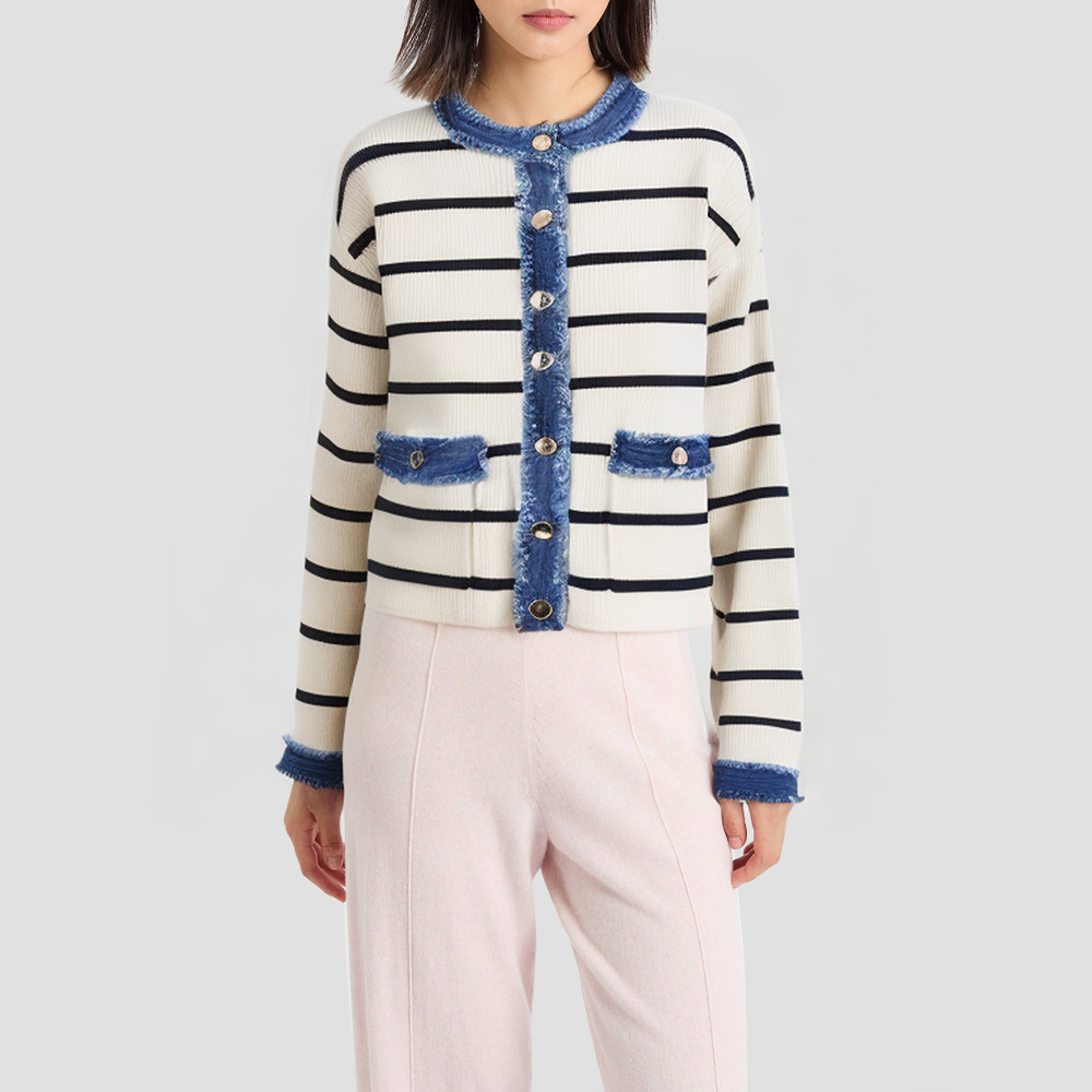 Denim patchwork crew neck knitted cardigan