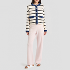 Denim patchwork crew neck knitted cardigan