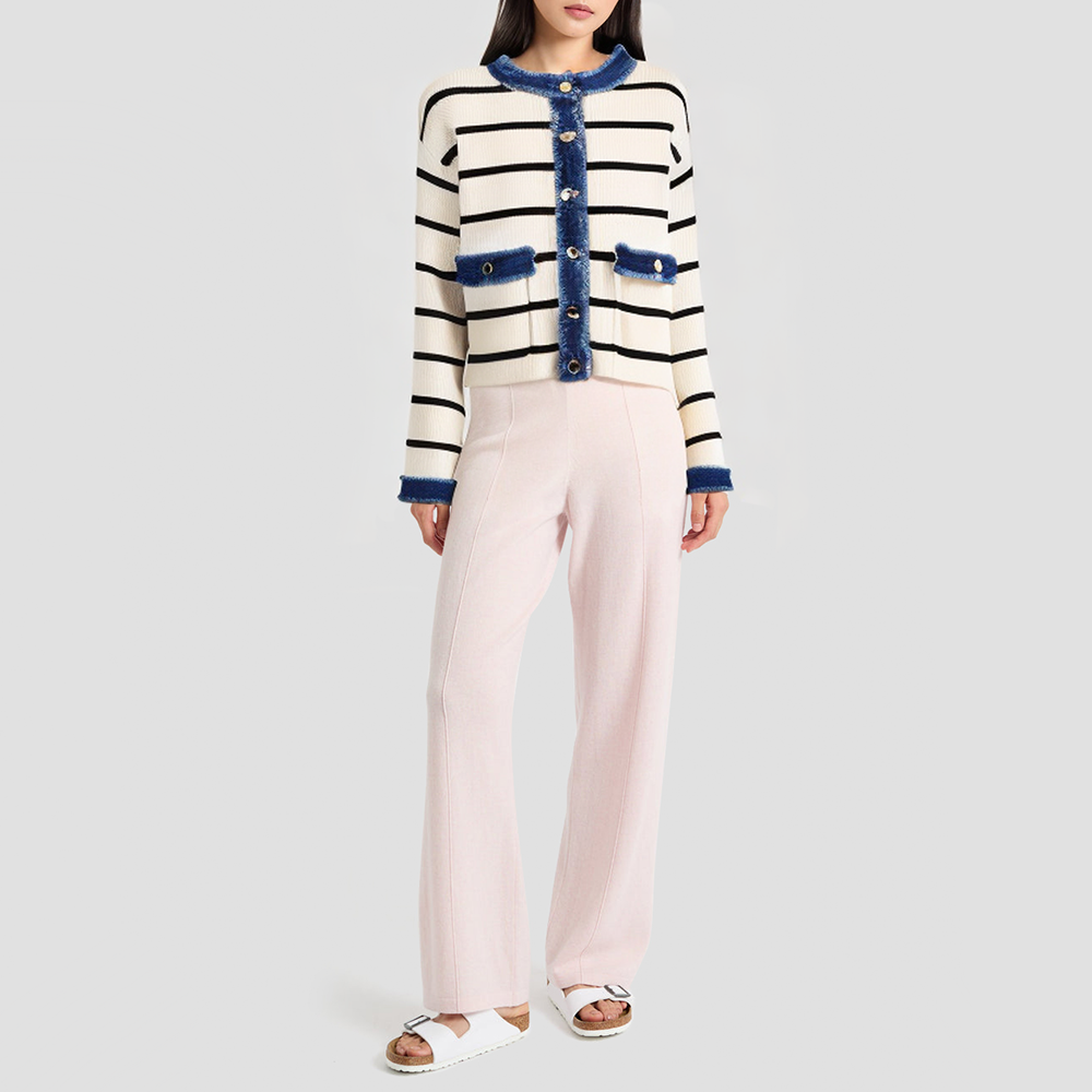 Denim patchwork crew neck knitted cardigan