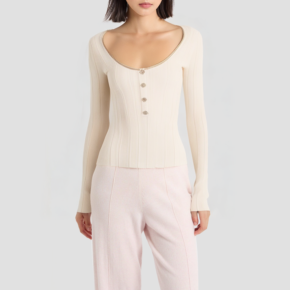 Retro U-neck rhinestone knit sweater