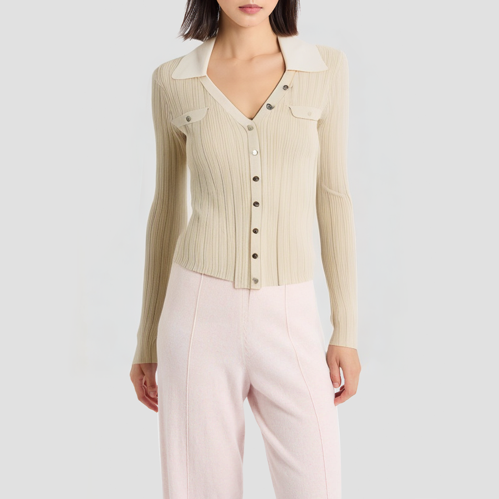 Lapel V-neck slim-fit knitted cardigan