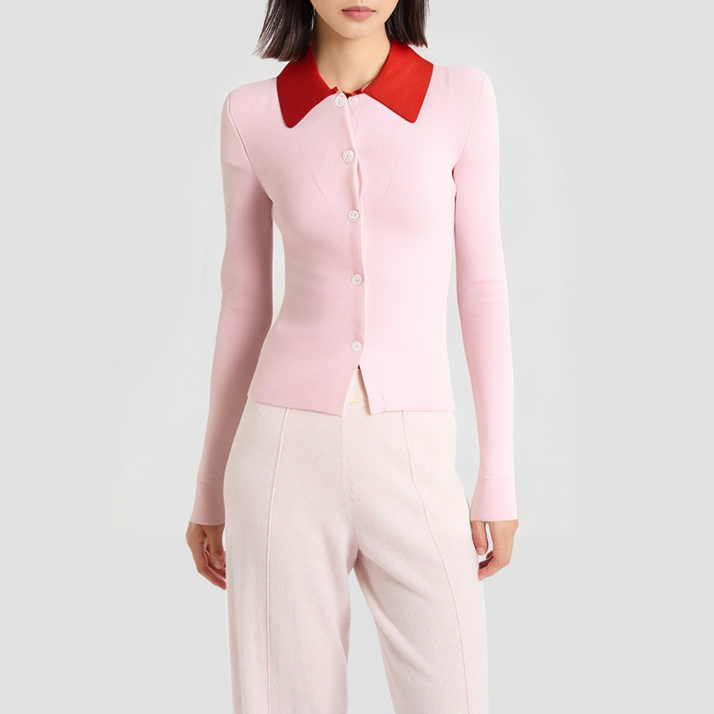 Color-blocked lapel slim-fit knitted cardigan