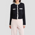 Round-neck crocheted beaded knit cardigan