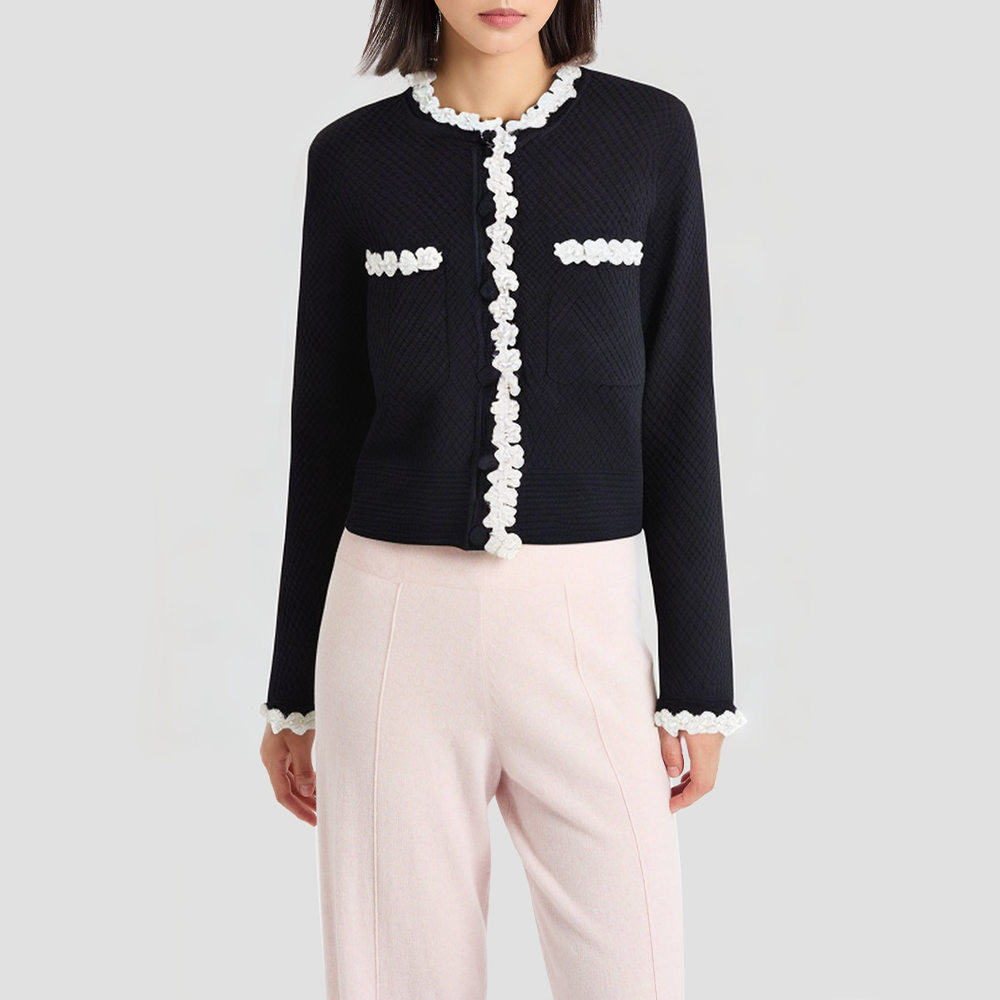 Round-neck crocheted beaded knit cardigan