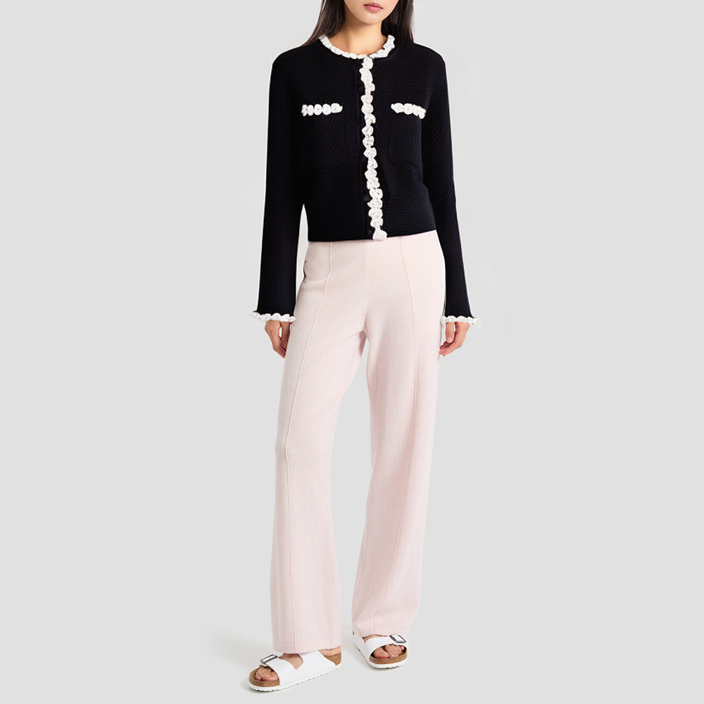 Round-neck crocheted beaded knit cardigan