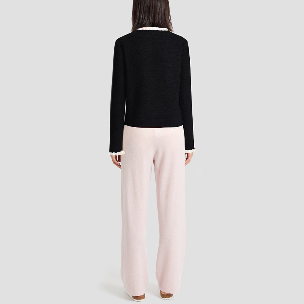 Round-neck crocheted beaded knit cardigan