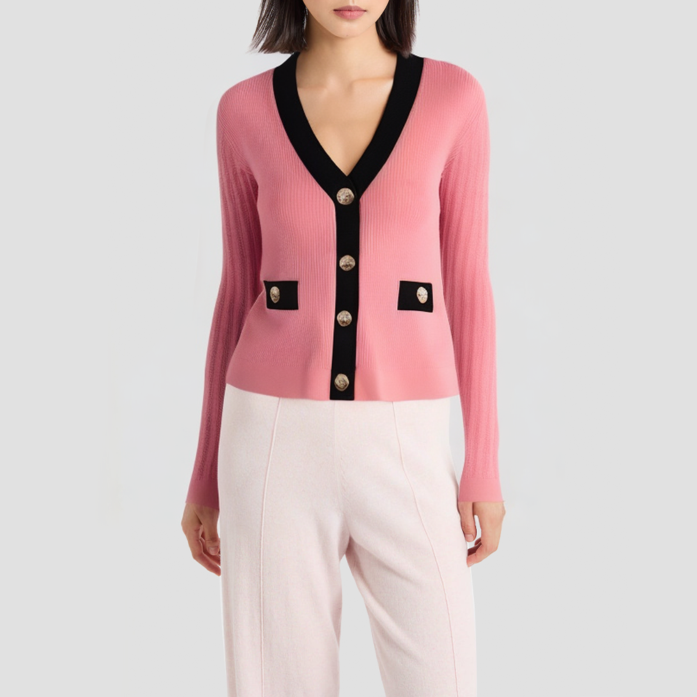 Color-blocked V-neck slim-fit knitted cardigan
