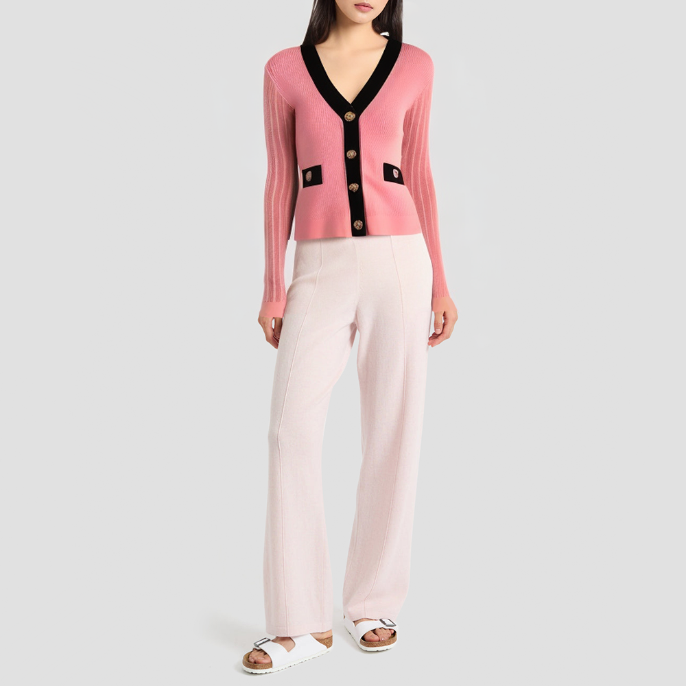 Color-blocked V-neck slim-fit knitted cardigan