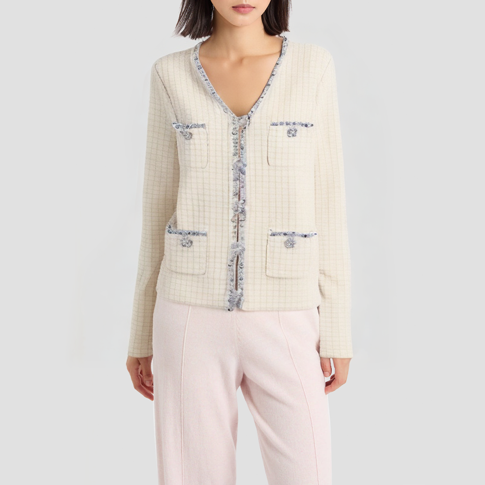 Rhinestone-embellished V-neck slim-fit knitted cardigan