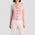 Color-block crew neck elegant knitted cardigan