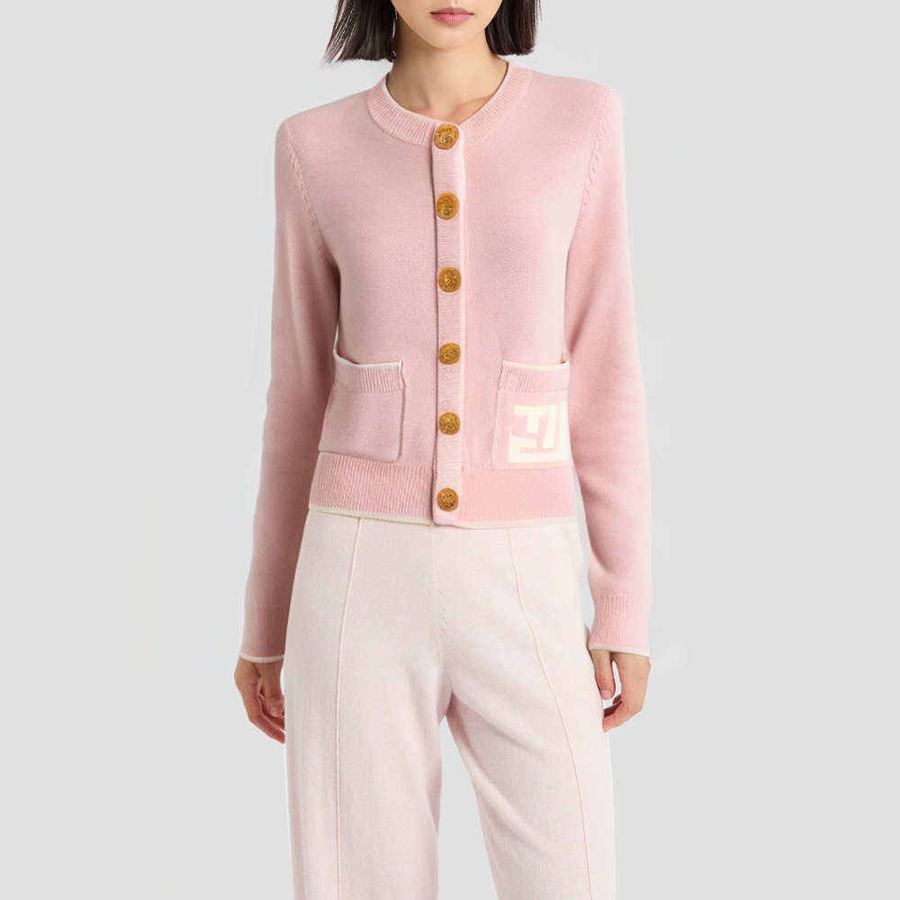 Color-block crew neck elegant knitted cardigan