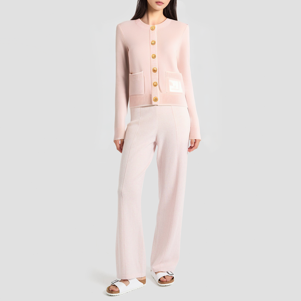 Color-block crew neck elegant knitted cardigan
