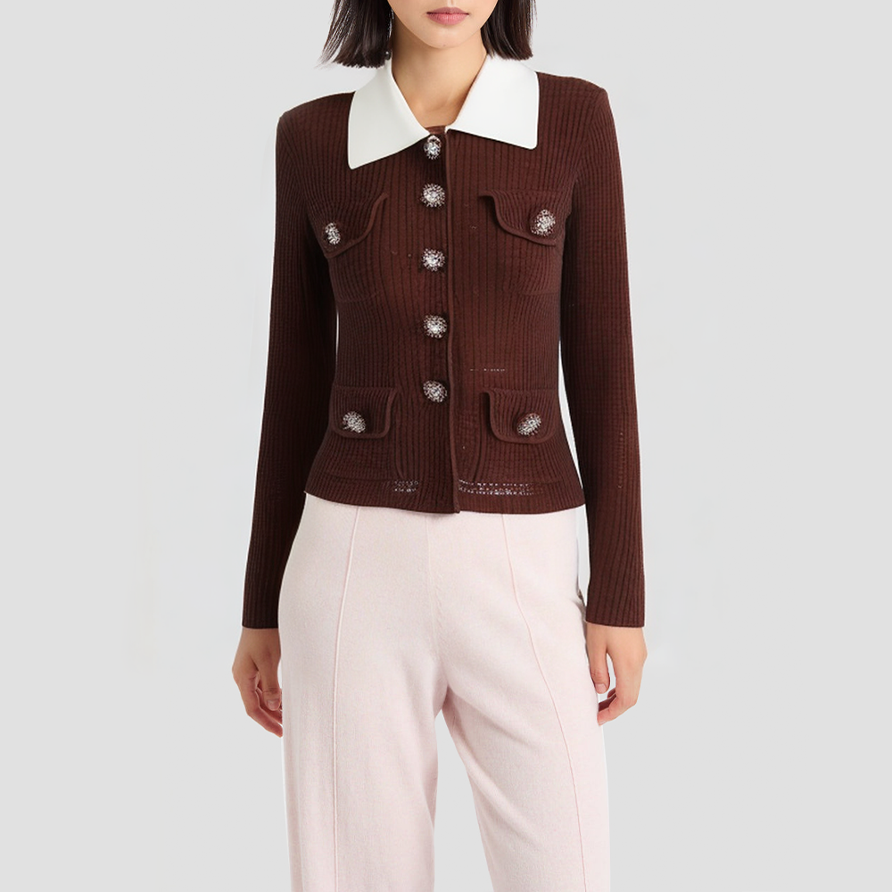 Lapel openwork slim-fit knitted cardigan