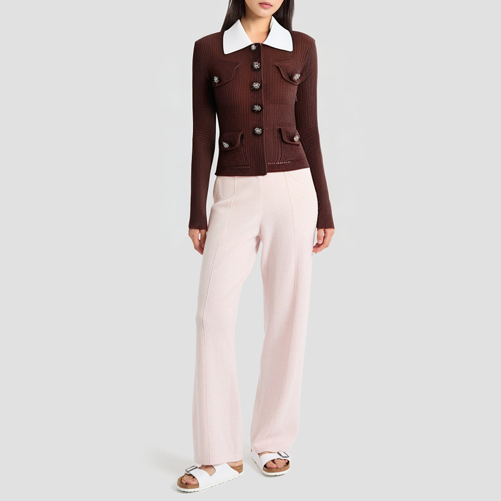 Lapel openwork slim-fit knitted cardigan