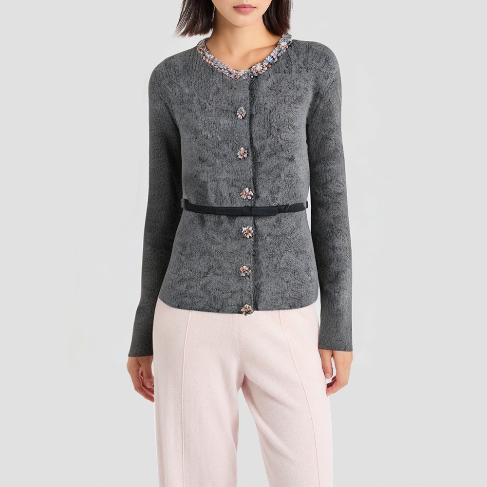 Round-neck knitted cardigan with beaded belt