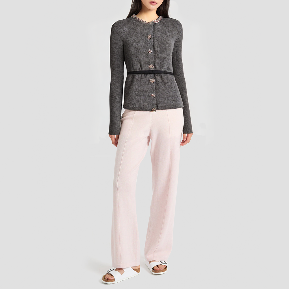 Round-neck knitted cardigan with beaded belt