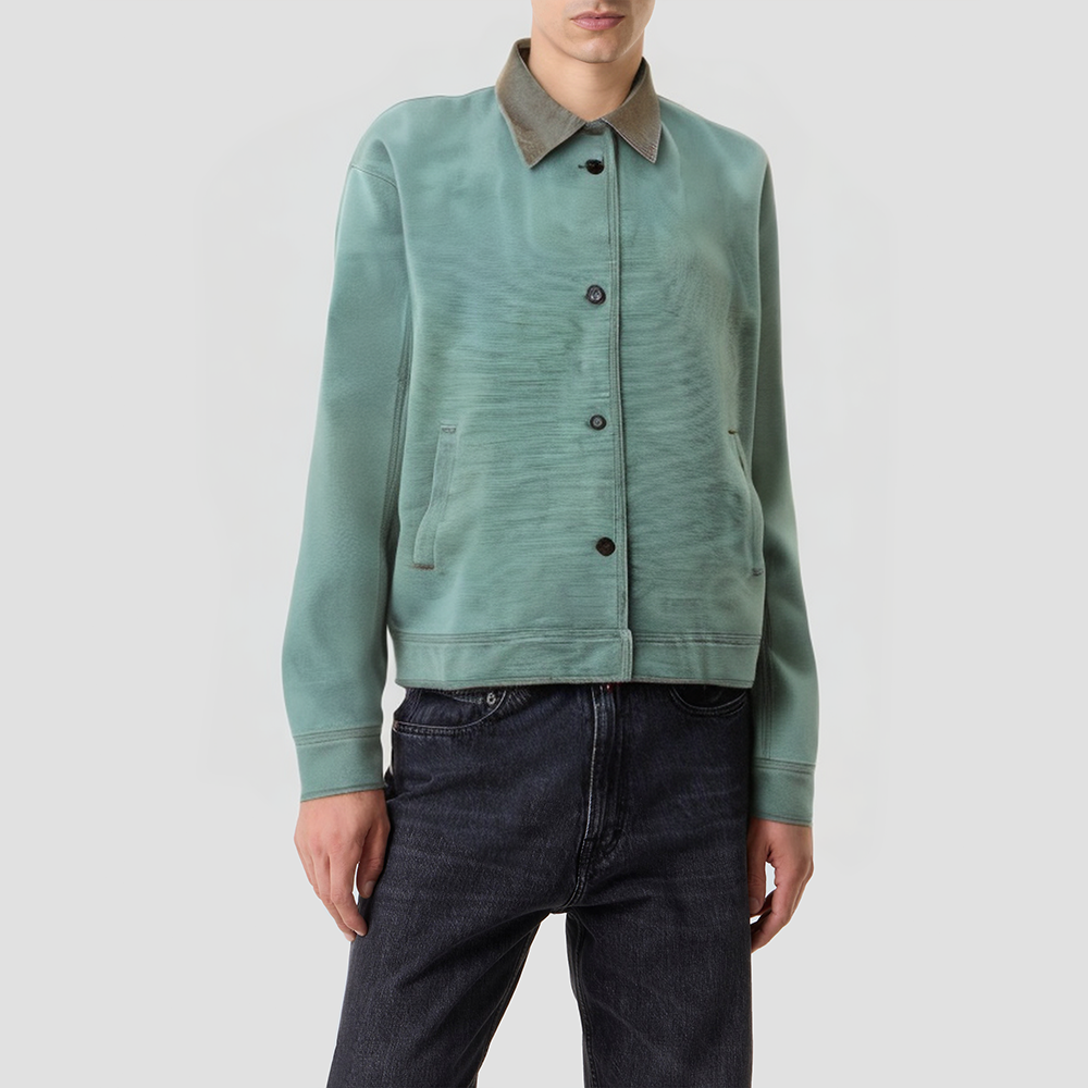 Stand-collar dark green twill cotton jacket