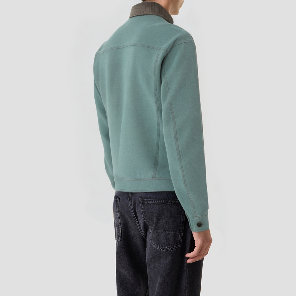 Stand-collar dark green twill cotton jacket