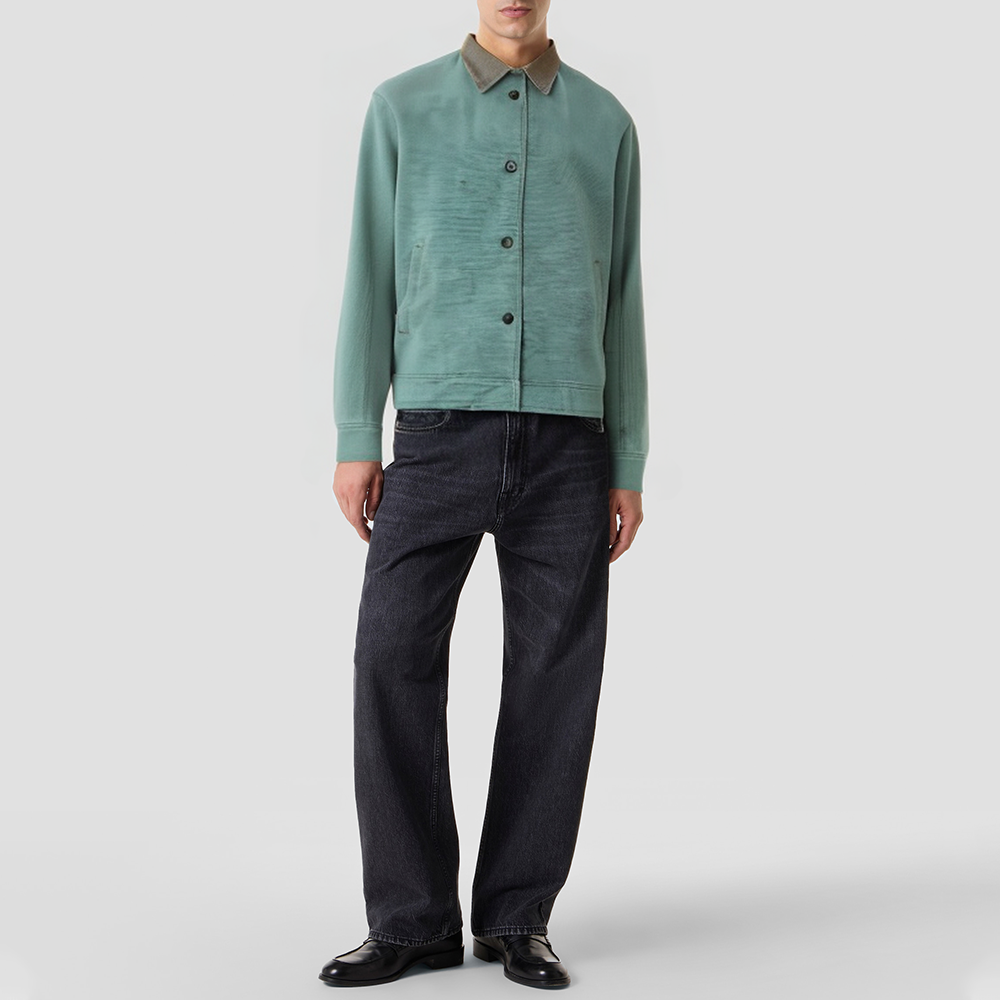 Stand-collar dark green twill cotton jacket