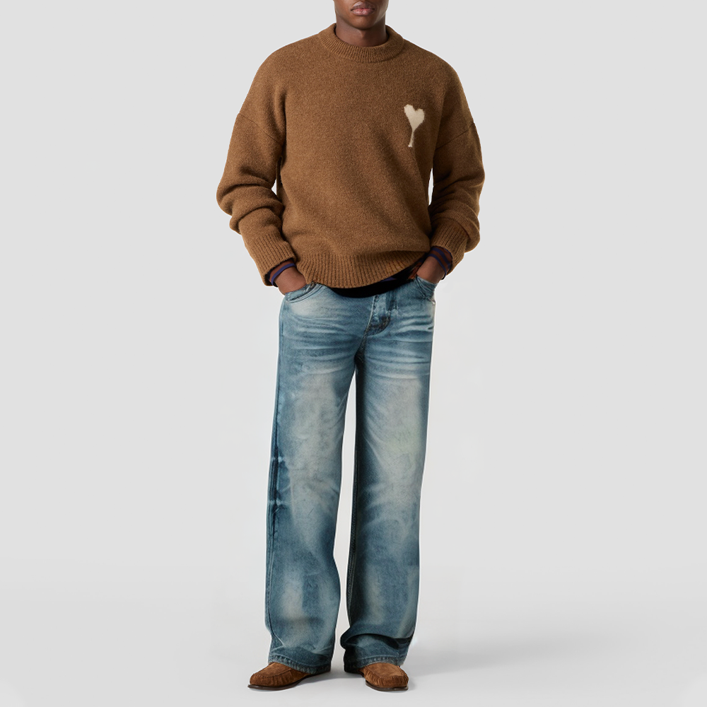 Thick washed straight-leg men's jeans