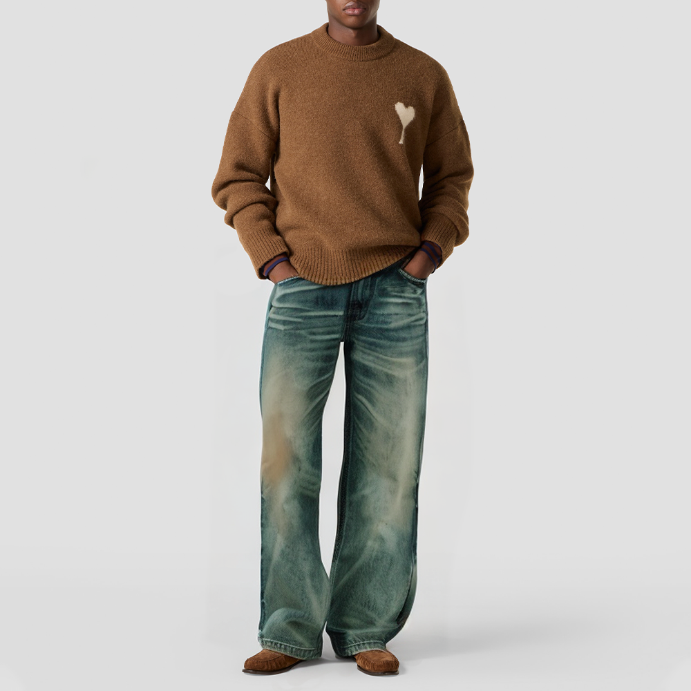 Street style straight-leg washed denim jeans